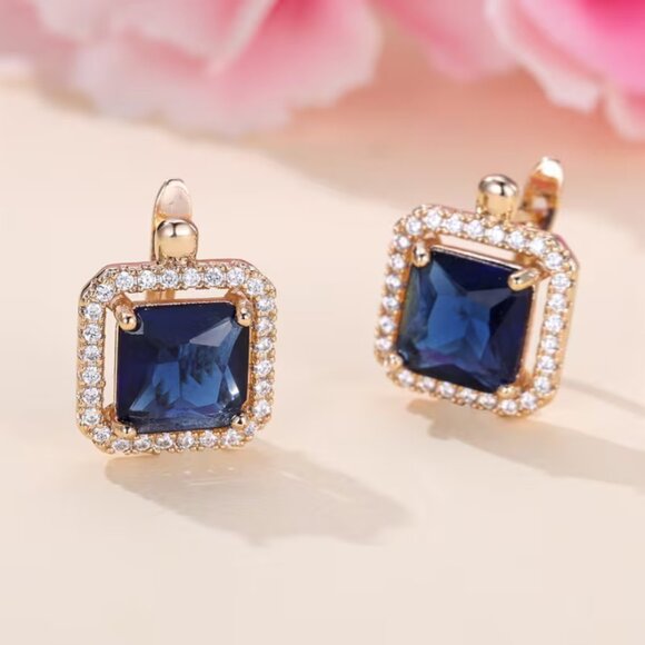 14K Gold Hanging Drop 2ct Blue Sapphire Gemstone 1ct Diamond Earrings Jewelry - Picture 3 of 6